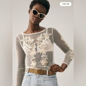 Anthropologie Sheer White Floral Blouse